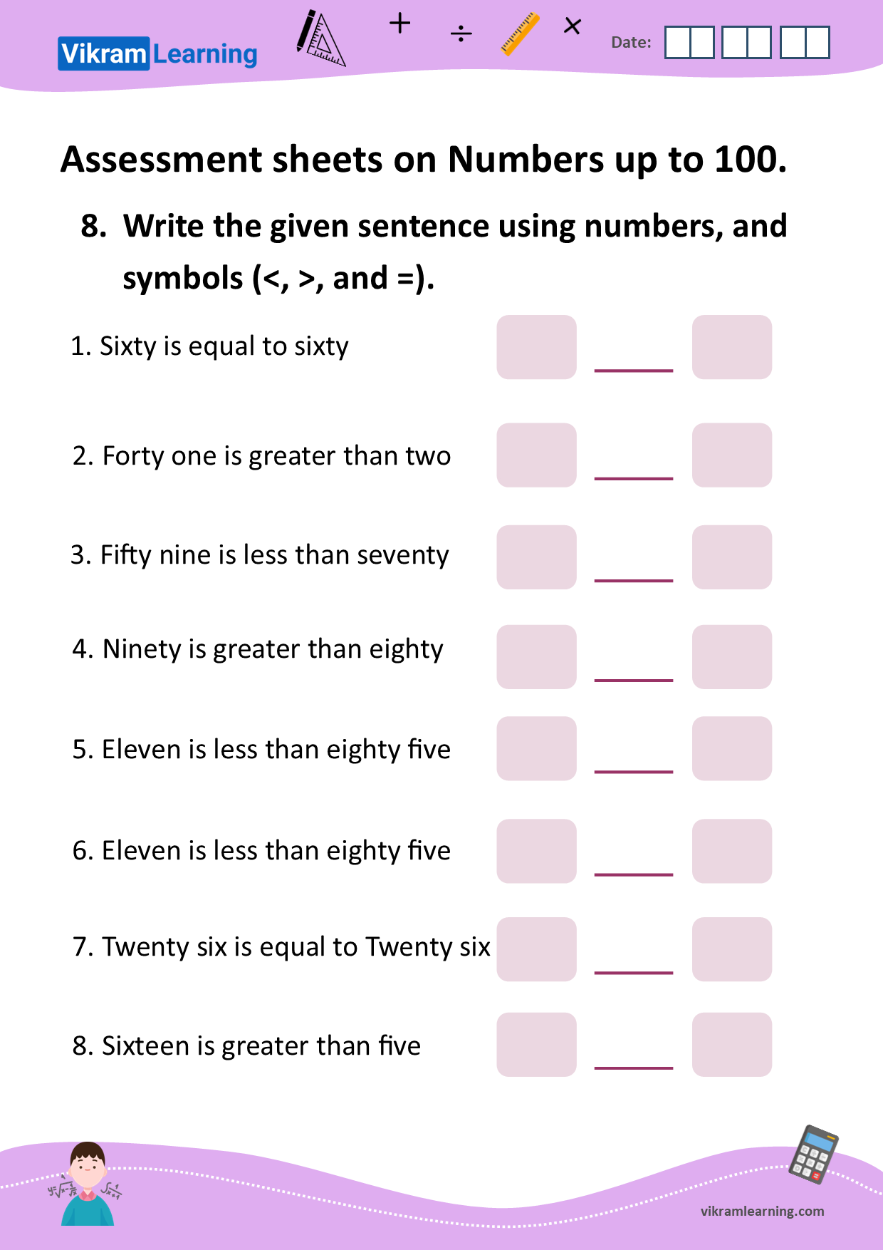 Download assessment sheets on numbers up to 100 worksheets