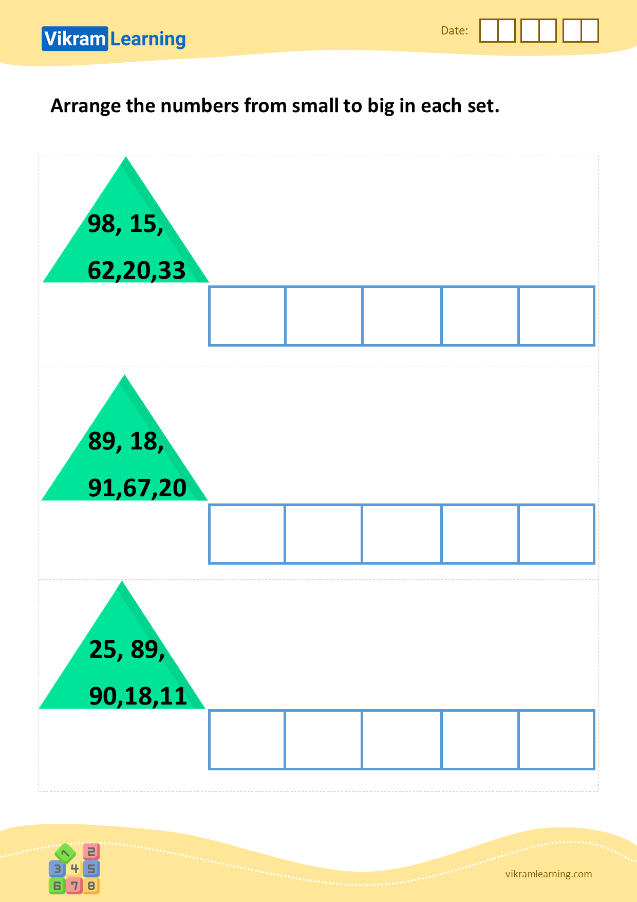 Download arrange the numbers from small to big in each set worksheets
