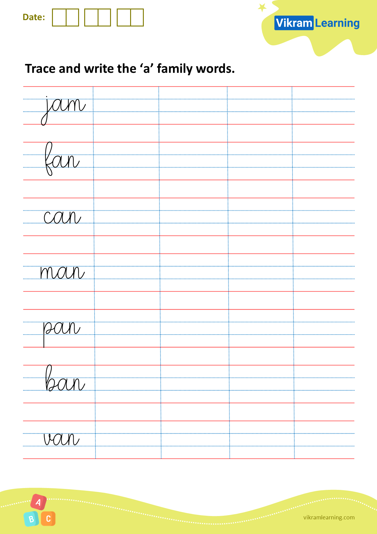 Download trace and write the ‘a’ family words worksheets