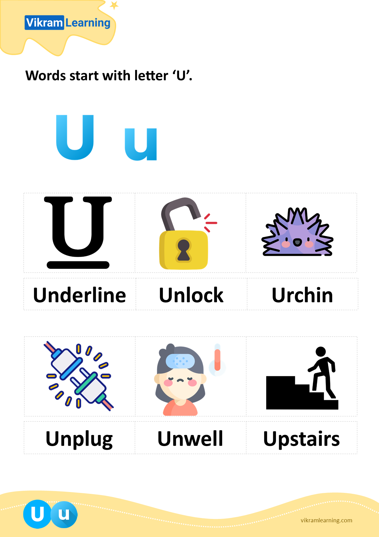 Download words start with letter 'u' worksheets