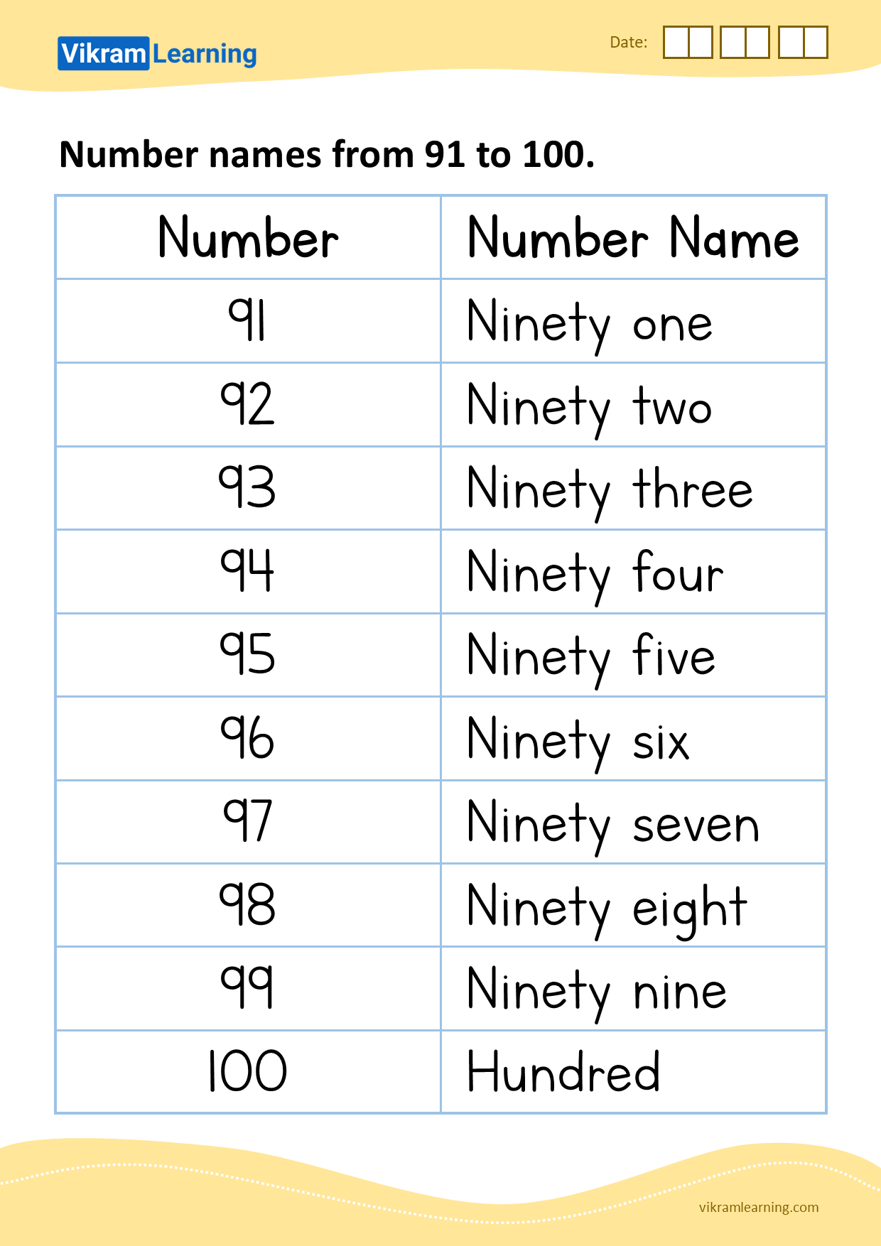 Download Number Names From 91 To 100 Worksheets Vikramlearning