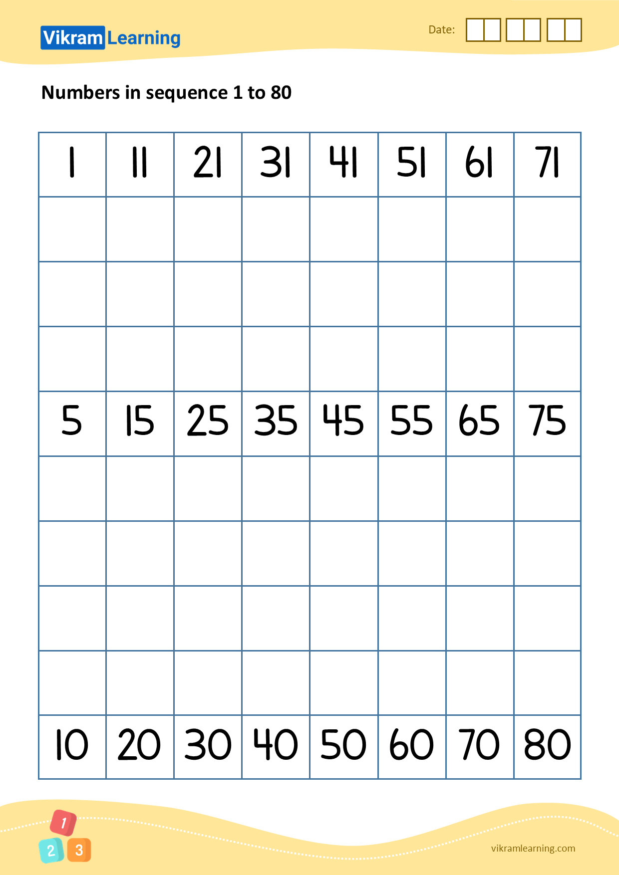 Download 07 - numbers in sequence 1 to 80 worksheets