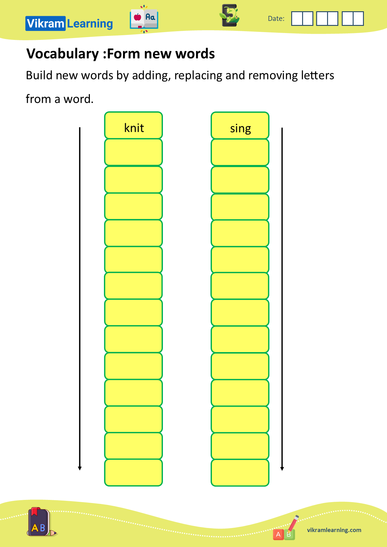 Download vocabulary: unscramble words, form new words, words ladder, forming new words by adding, removing, or replacing letters, build new words, example: male, mall, small, knit, nit, not, cot, cat, etc. worksheets