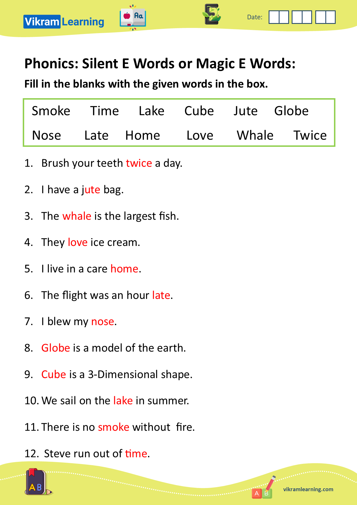 Download phonics silent e words or magic e words worksheets
