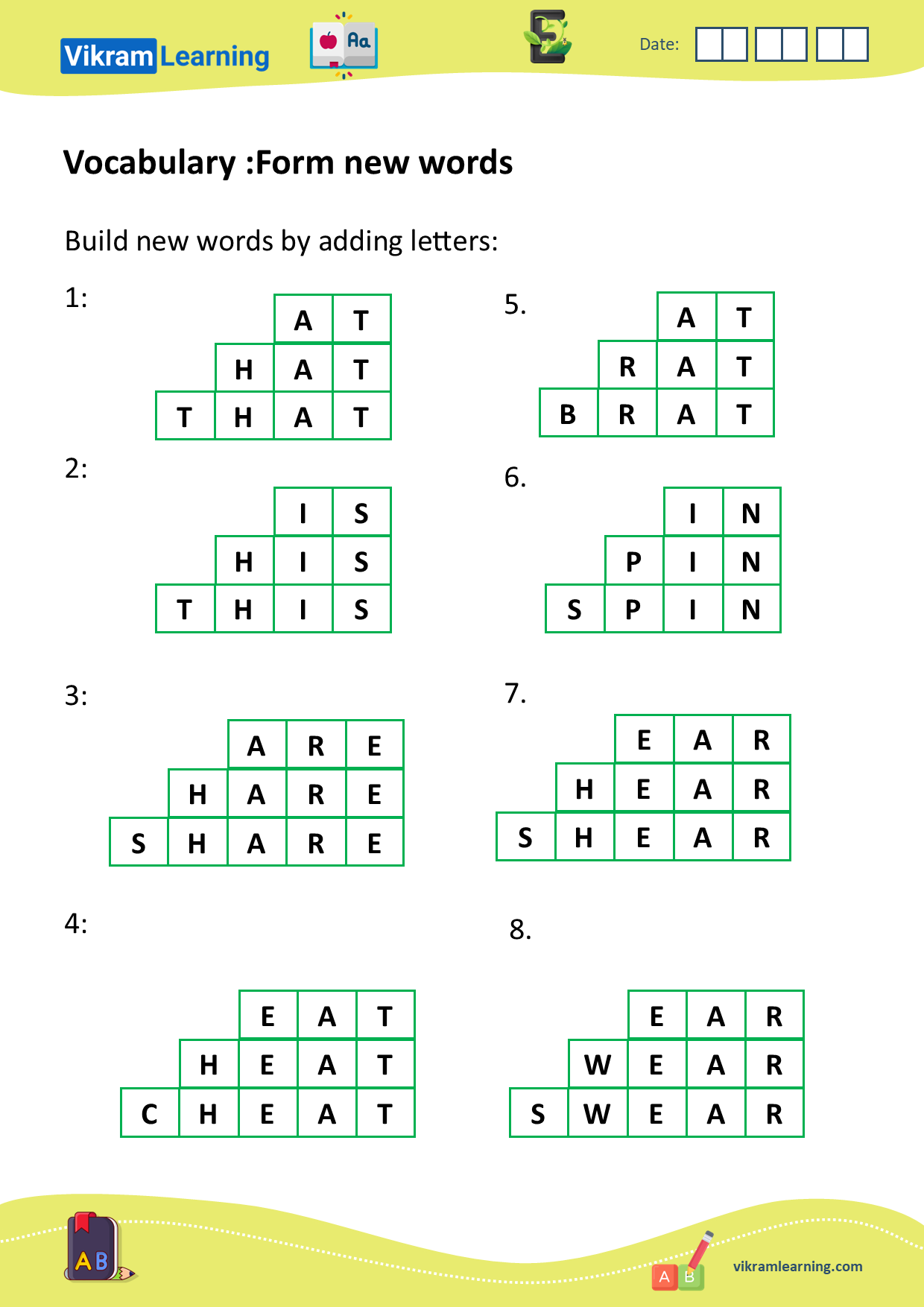 Download vocabulary: unscramble words, form new words, words ladder, forming new words by adding, removing, or replacing letters, build new words, example, eat, heat, cheat, at, hat, that, etc. worksheets