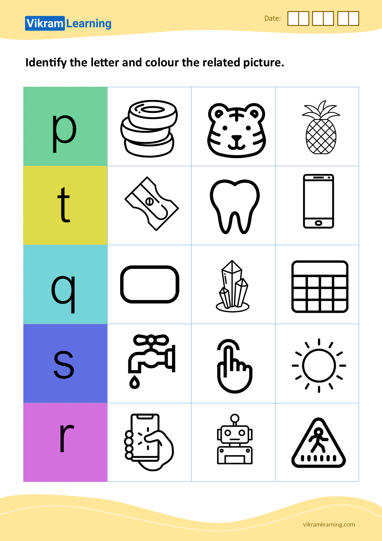 Download identify the letter and colour the related picture (p to t) - pattern 4 worksheets