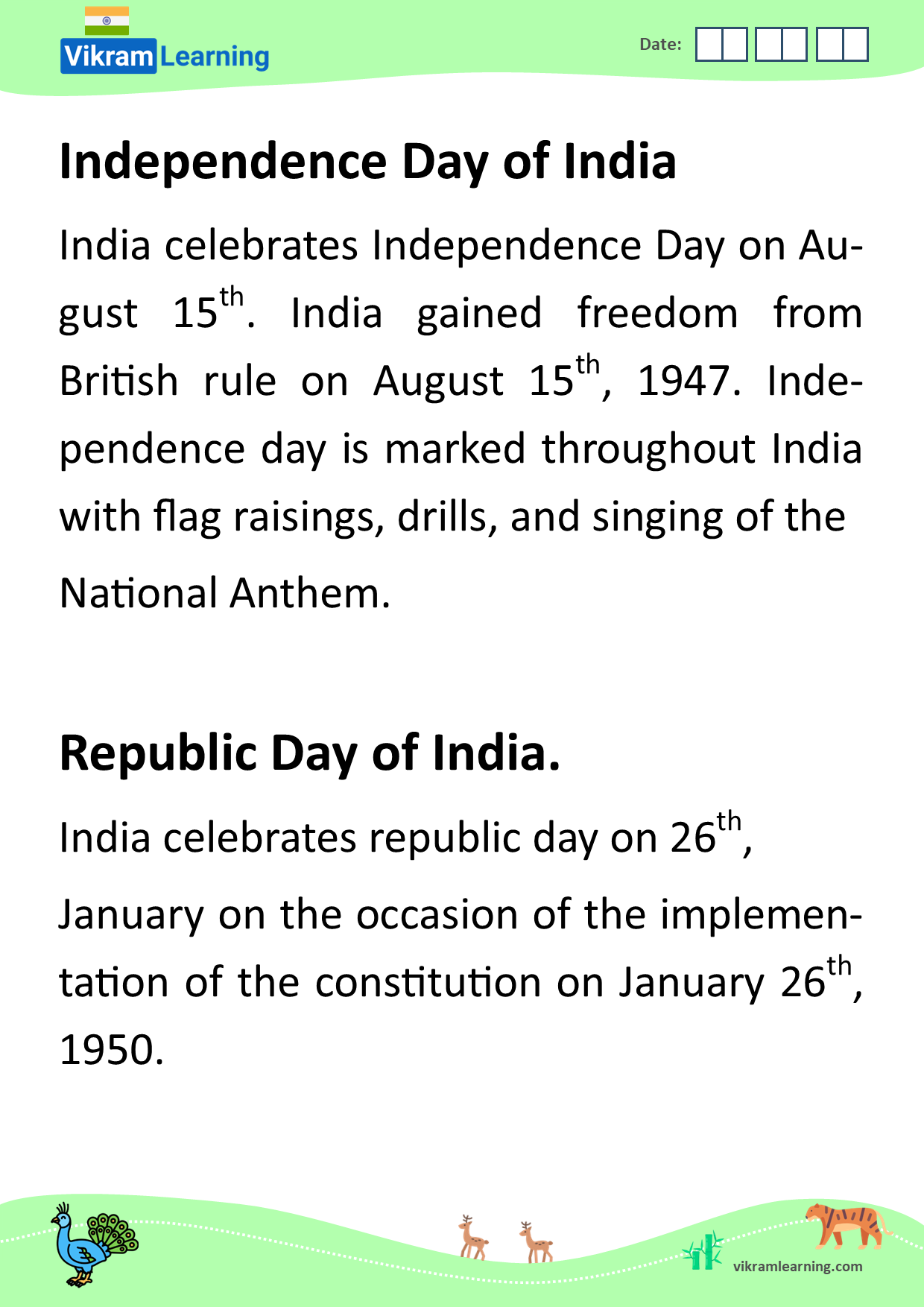 Download independence day and republic day of india worksheets