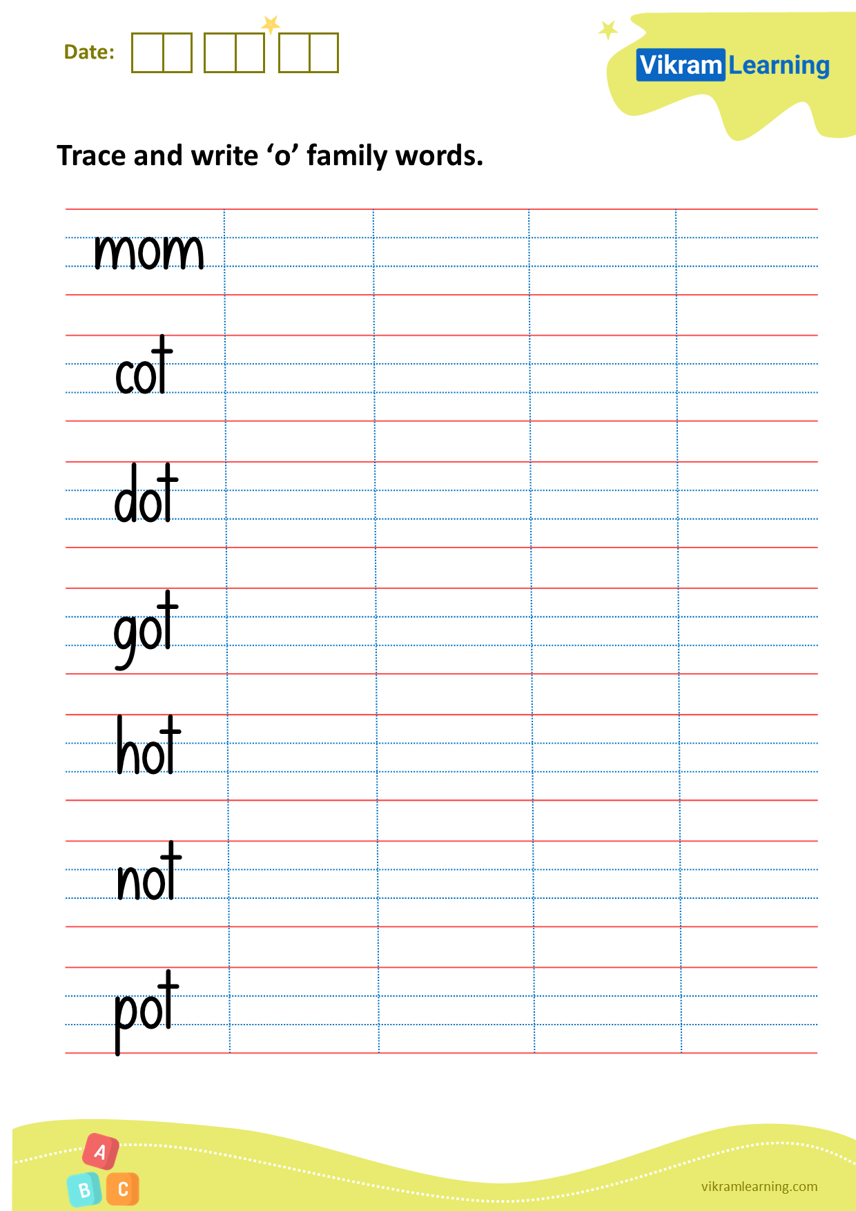 Download trace and write ‘o’ family words worksheets
