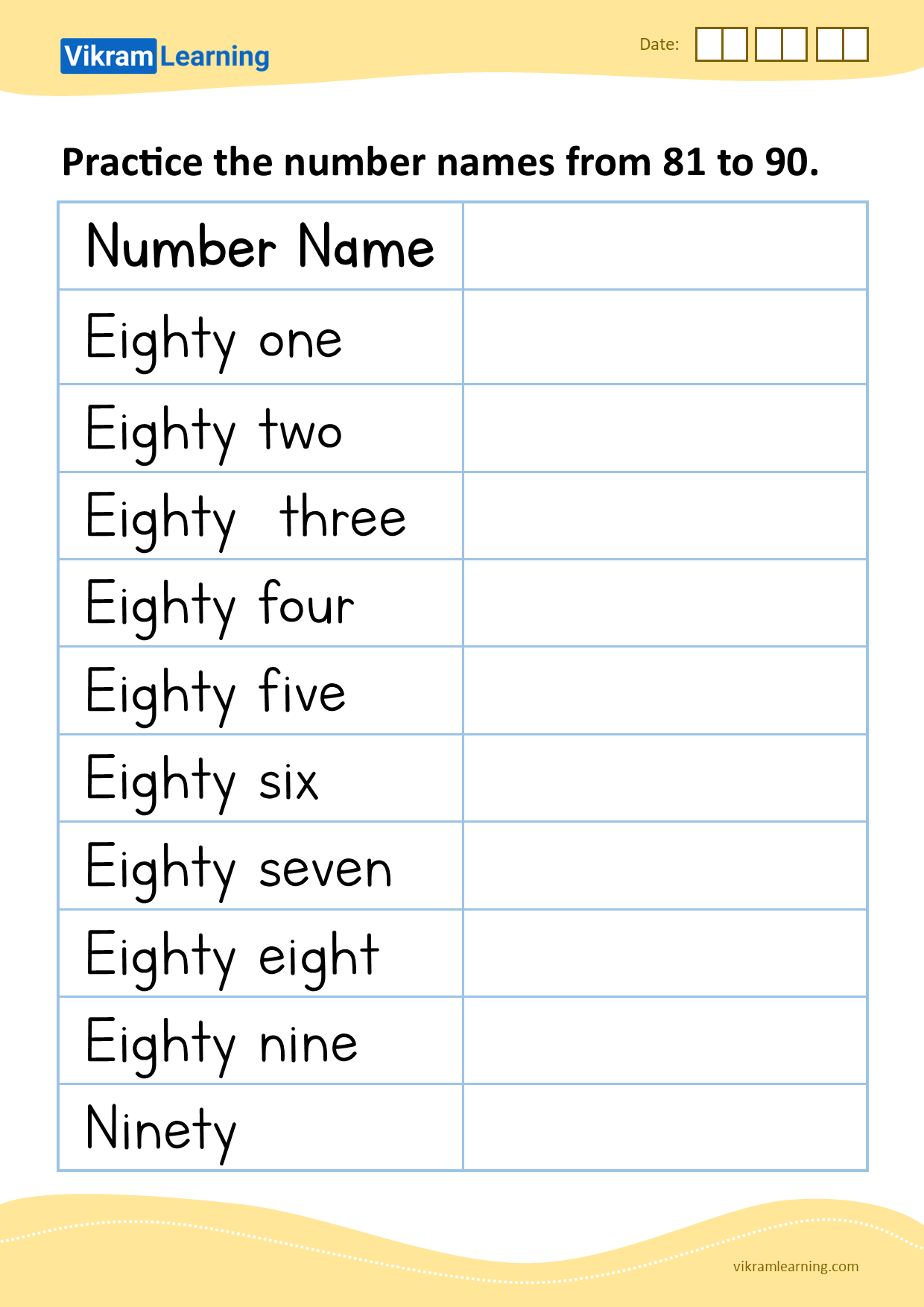 Download practice the number names from 81 to 90 worksheets