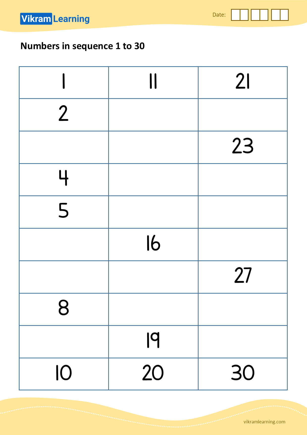 Download 01 - numbers in sequence 1 to 30 worksheets