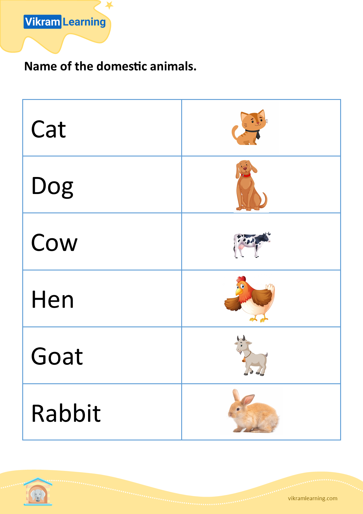 Download name of the domestic animals - 1 worksheets 