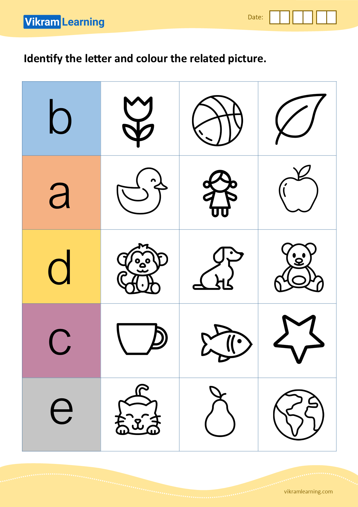 Download identify the letter and colour the related picture (a to e) - pattern 1 worksheets