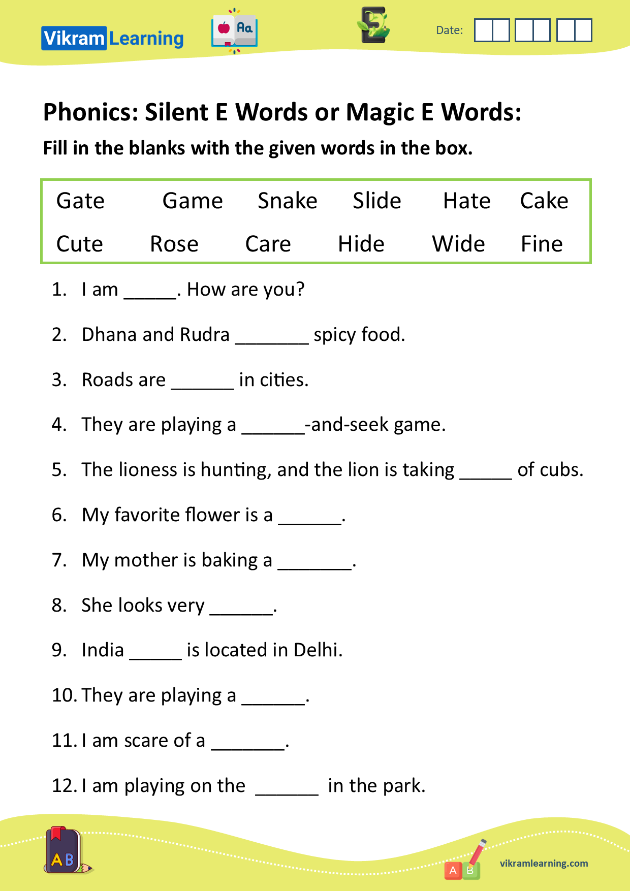 Download phonics silent e words or magic e words worksheets