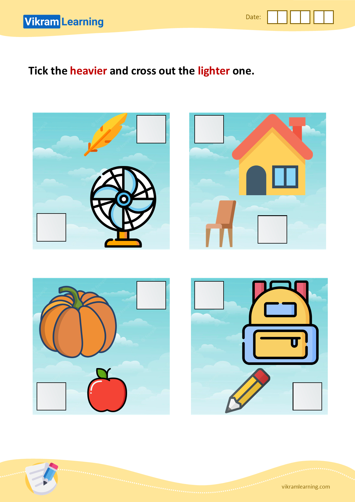 Download tick the heavier and cross out the lighter one - 2 worksheets