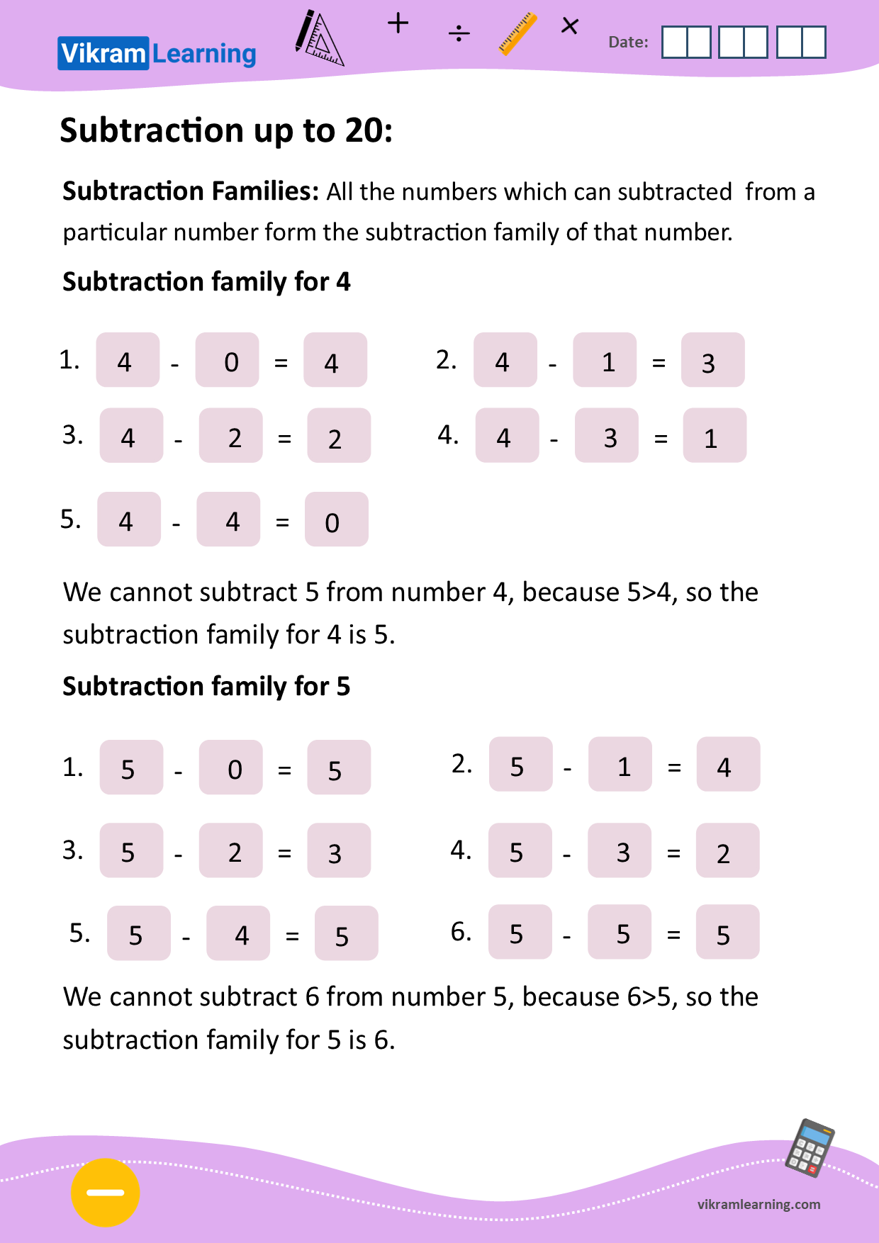 Download subtraction families worksheets