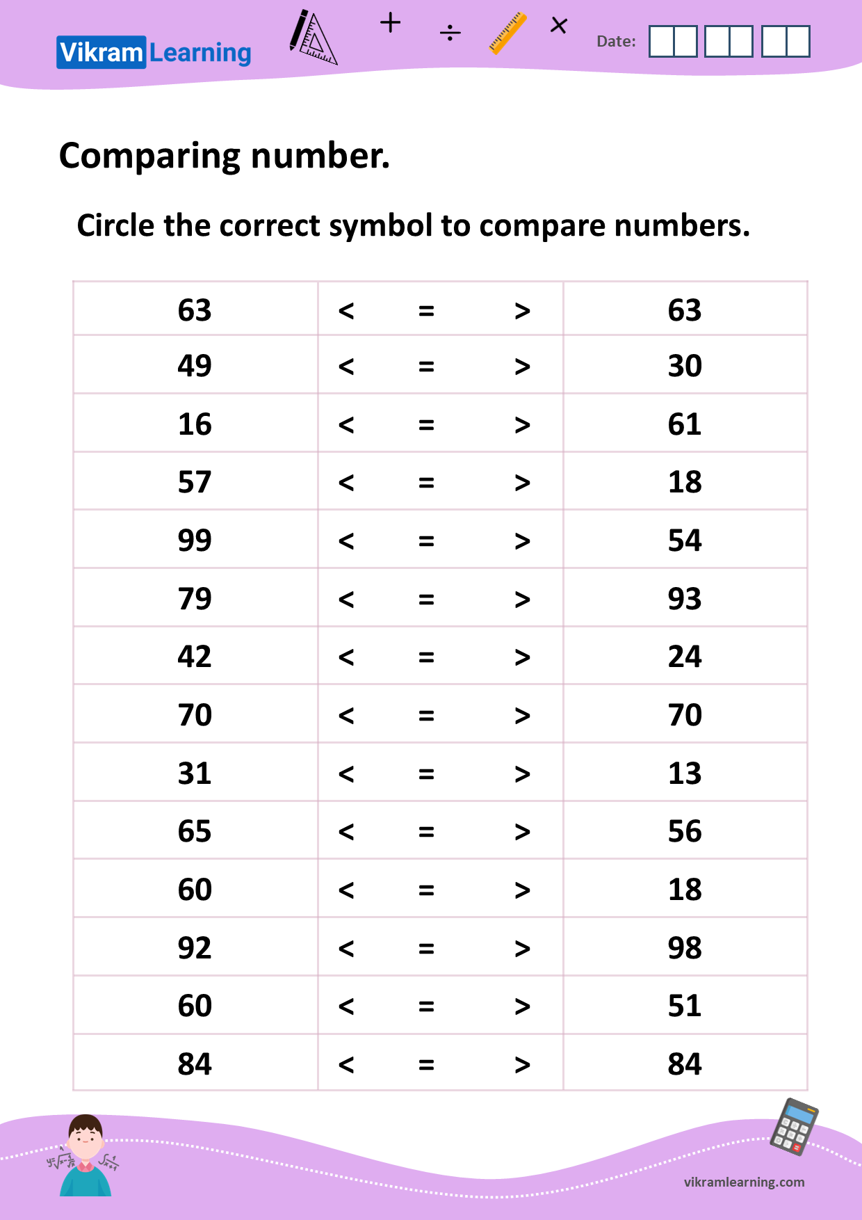 Download comparing numbers up to 100 worksheets