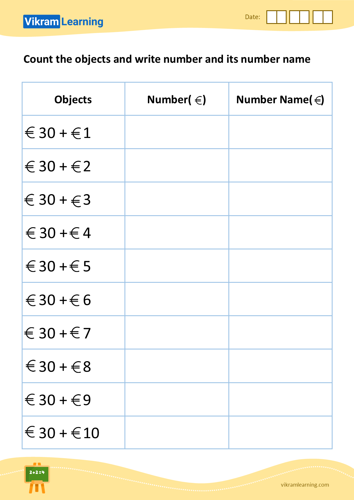 Download count the objects and write number and its number name (31 to 40) - pattern 4 worksheets