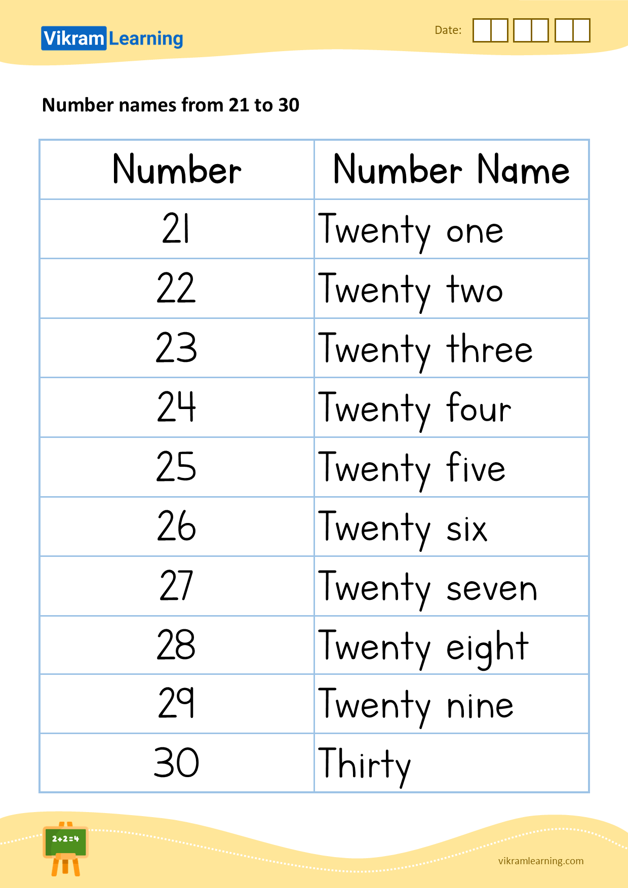 Download number names from 21 to 30 worksheets