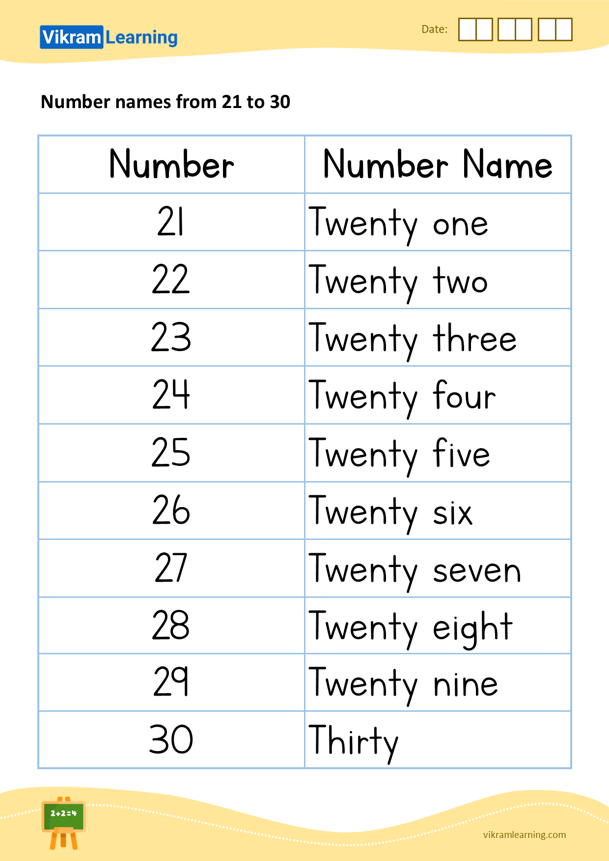 Download Number Names From 21 To 30 Worksheets Vikramlearning