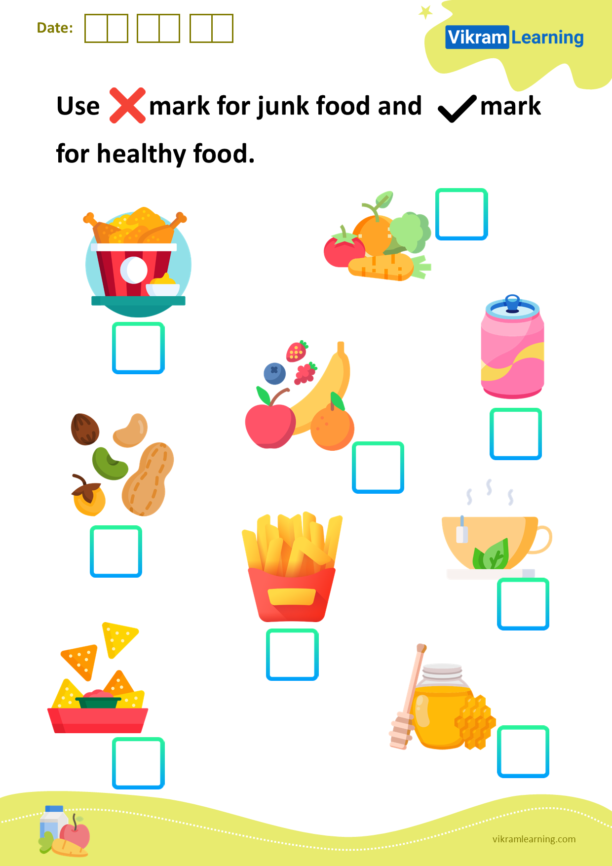 Download use the 'x' mark for junk food and the right mark for healthy food. worksheets