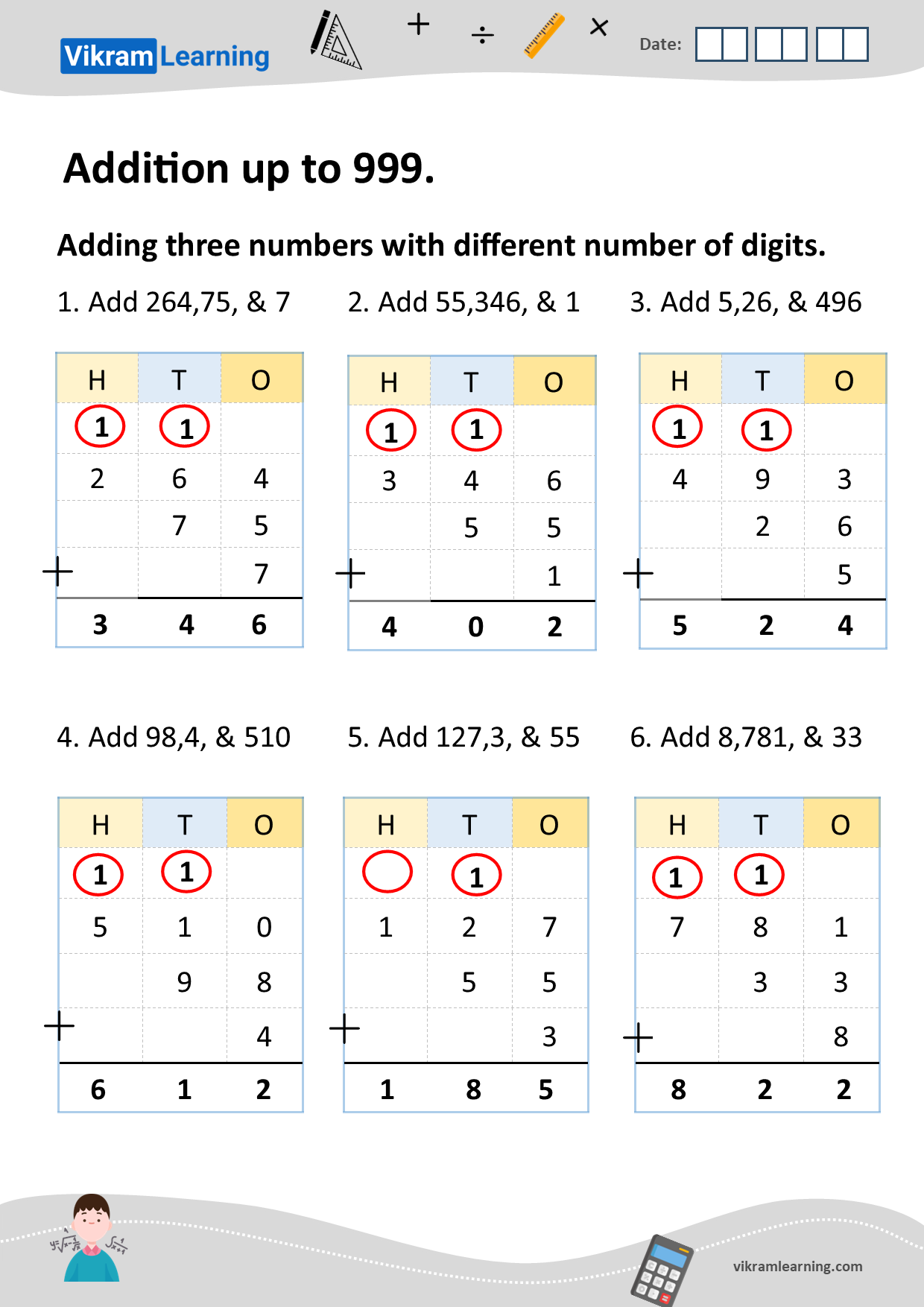 Download additions up to 999 worksheets