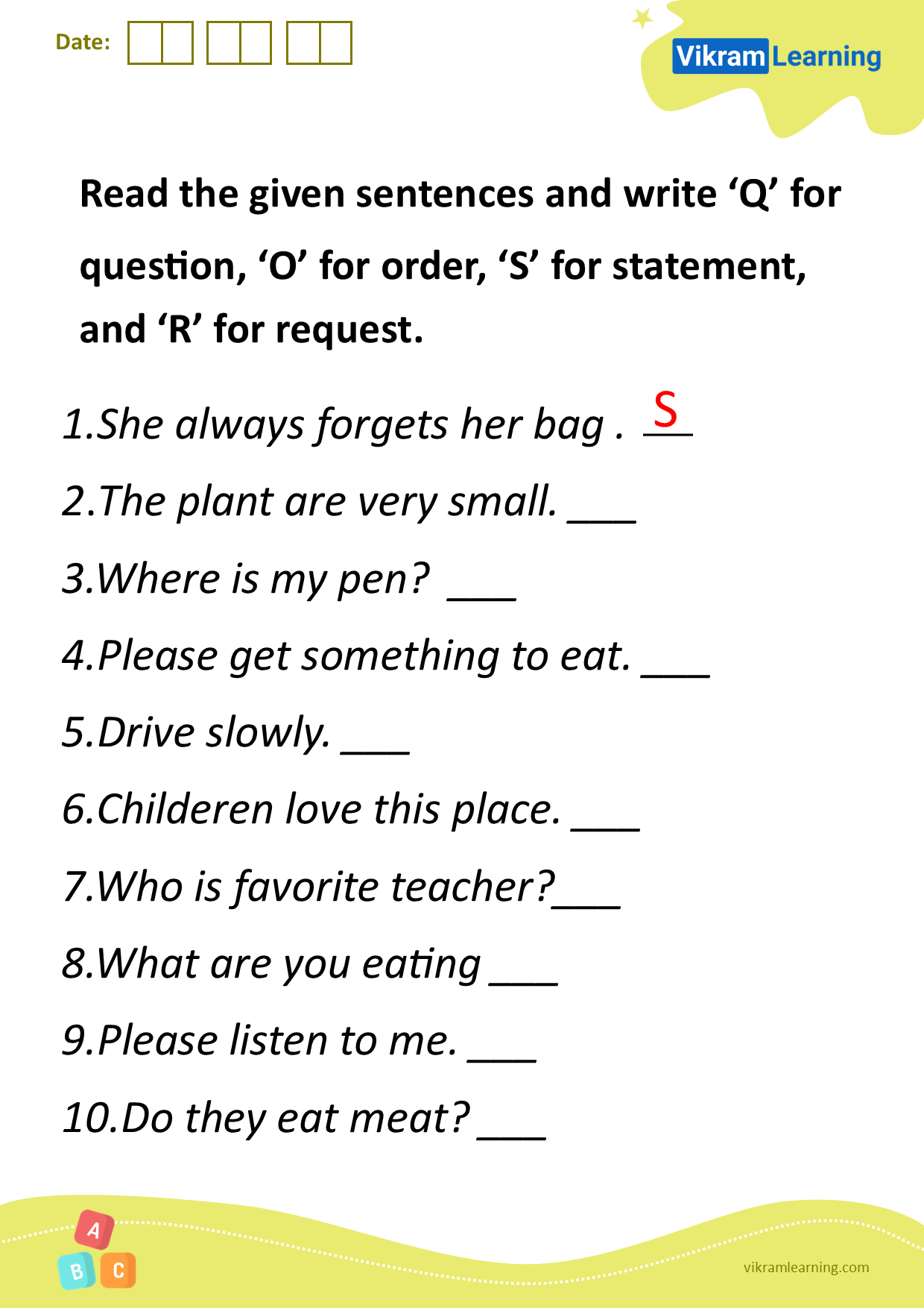 Download read the given sentences and write ‘q’ for the question, ‘o’ for order, ‘s’ for statement, and ‘r’ for the request worksheets