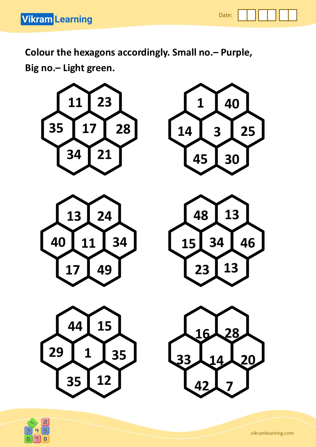 Download colour the hexagons accordingly. small no.– purple, big no.– light green. worksheets