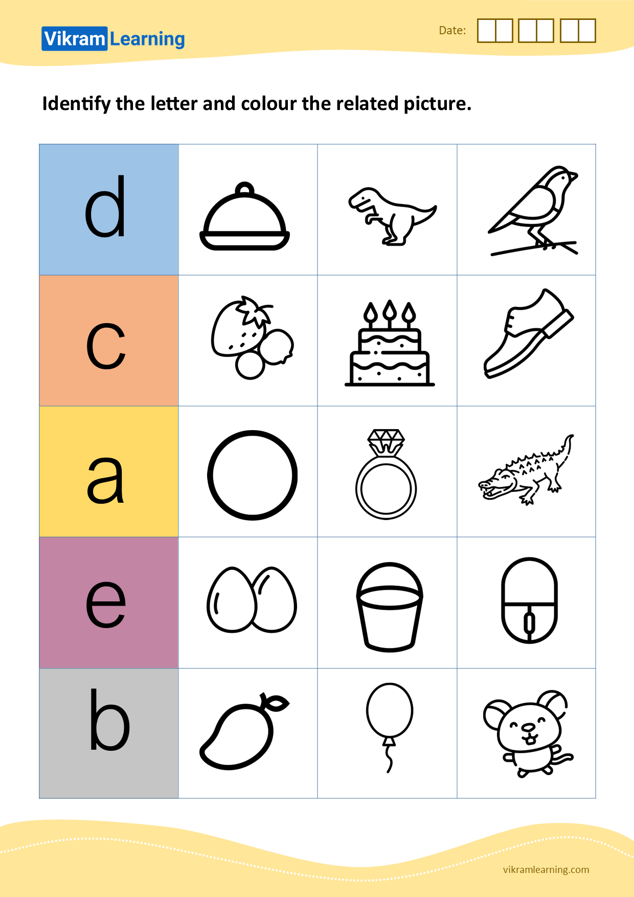 Download identify the letter and colour the related picture (a to e) - pattern 3 worksheets