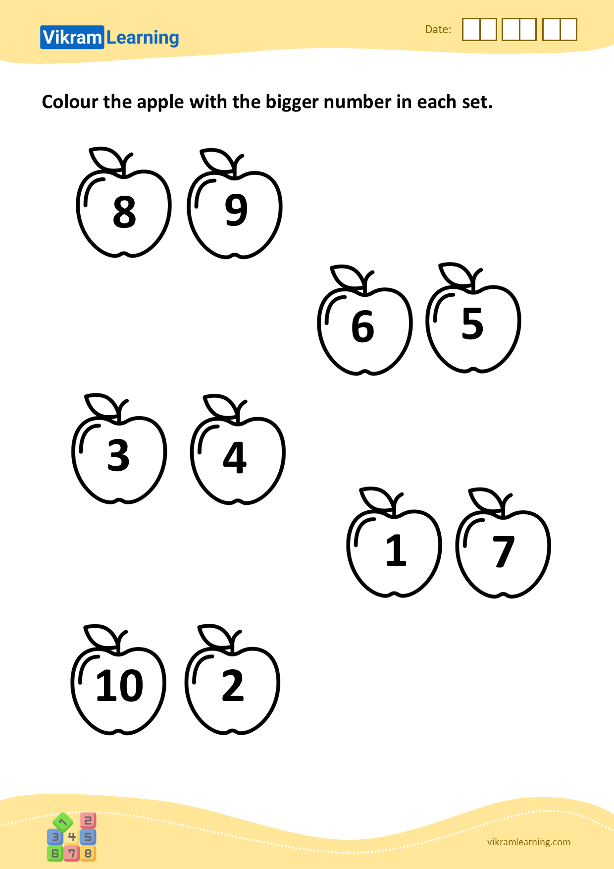 Download colour the apple with the bigger number in each set worksheets