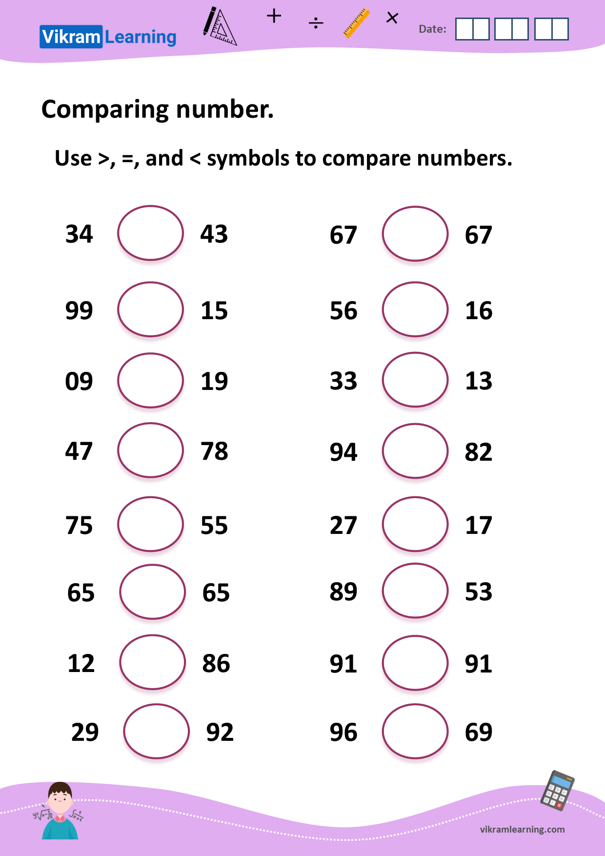 Download comparing numbers up to 100 worksheets