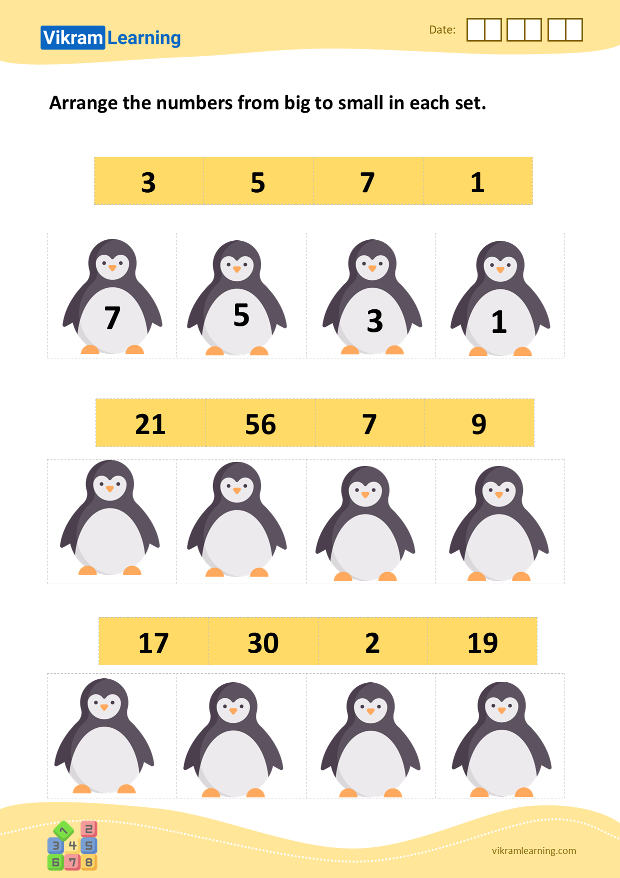 Download arrange the numbers from big to small in each set worksheets