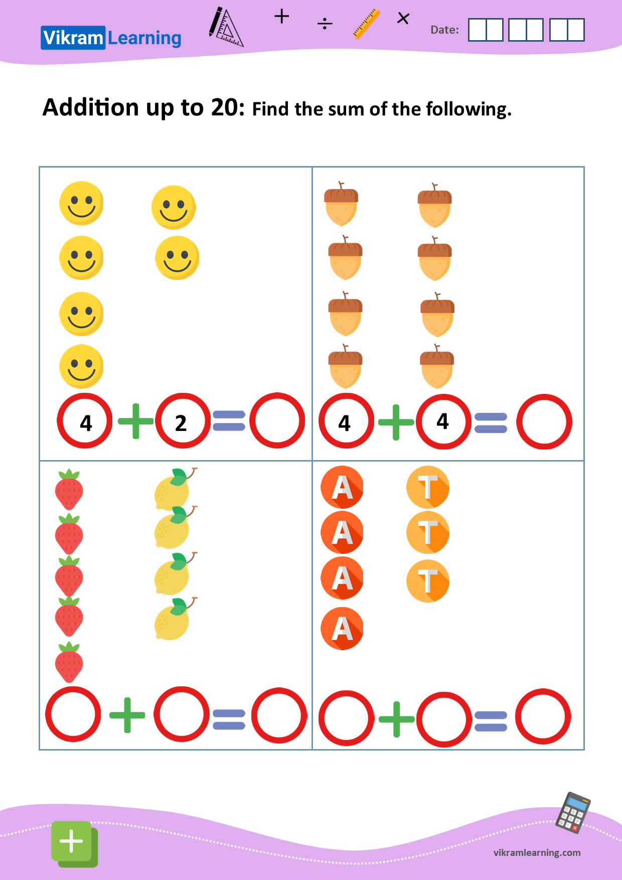 Download addition up to 20 using pictures worksheets