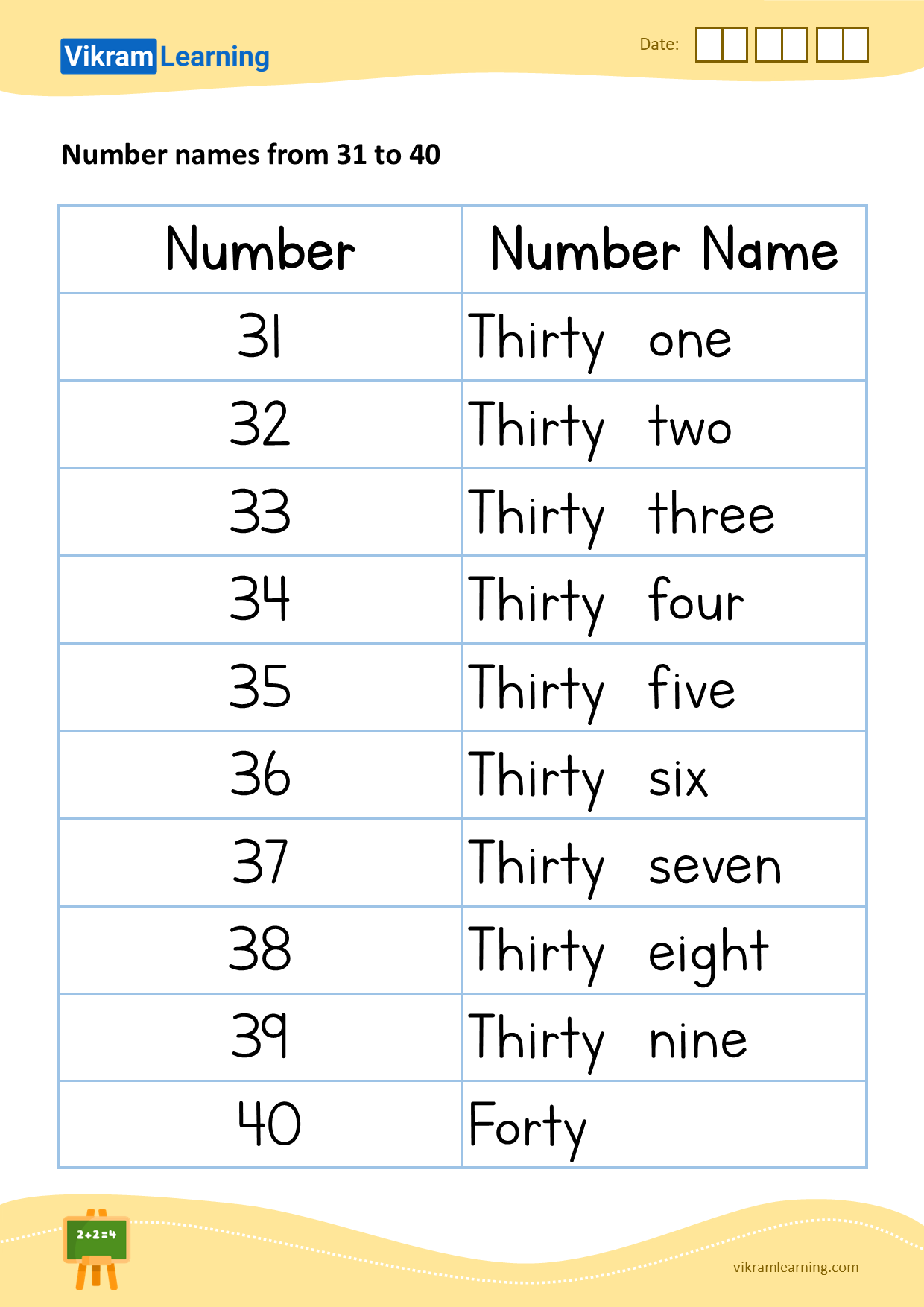 Download number names from 31 to 40 worksheets