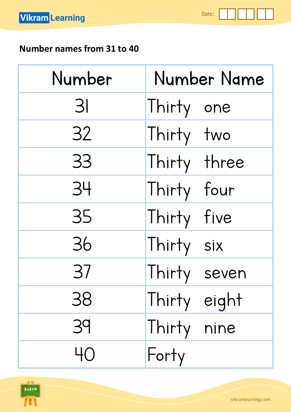 Download Number Names From 31 To 40 Worksheets Vikramlearning