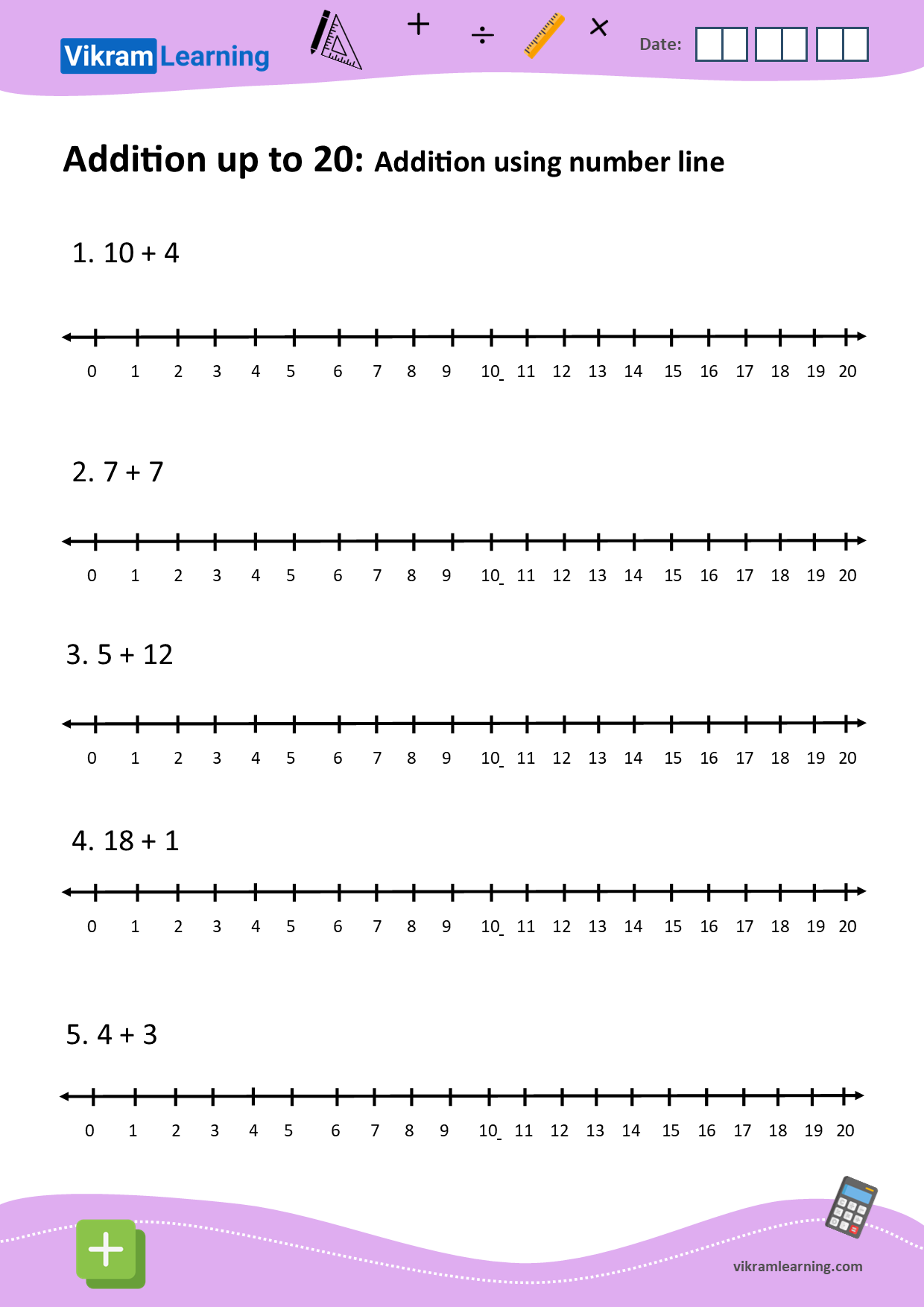 Download addition up to 20 using number line worksheets