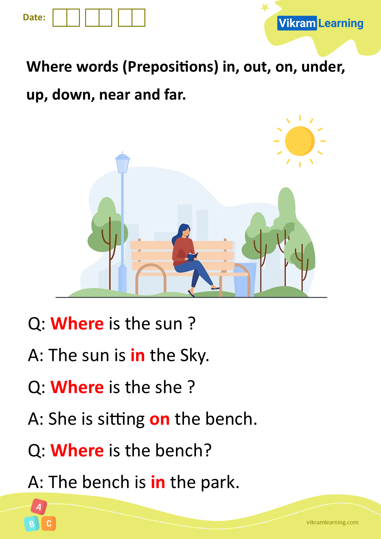 Download where words (prepositions) in, out, on, under, up, down, near, and far worksheets