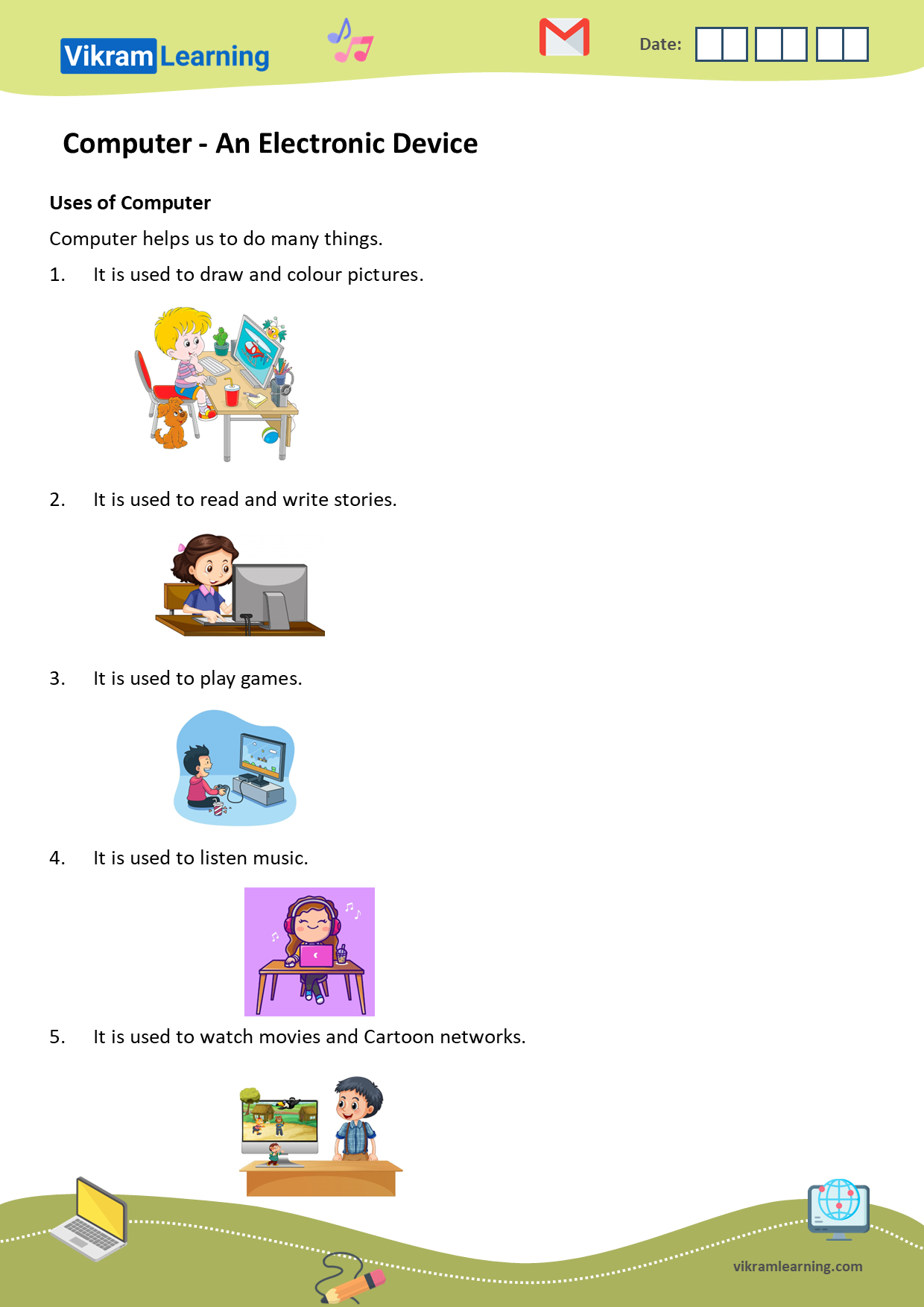 Download computer a machine, uses of computer, advantages and disadvantages of computer, difference between human and computer , cpu processing, input, output. worksheets