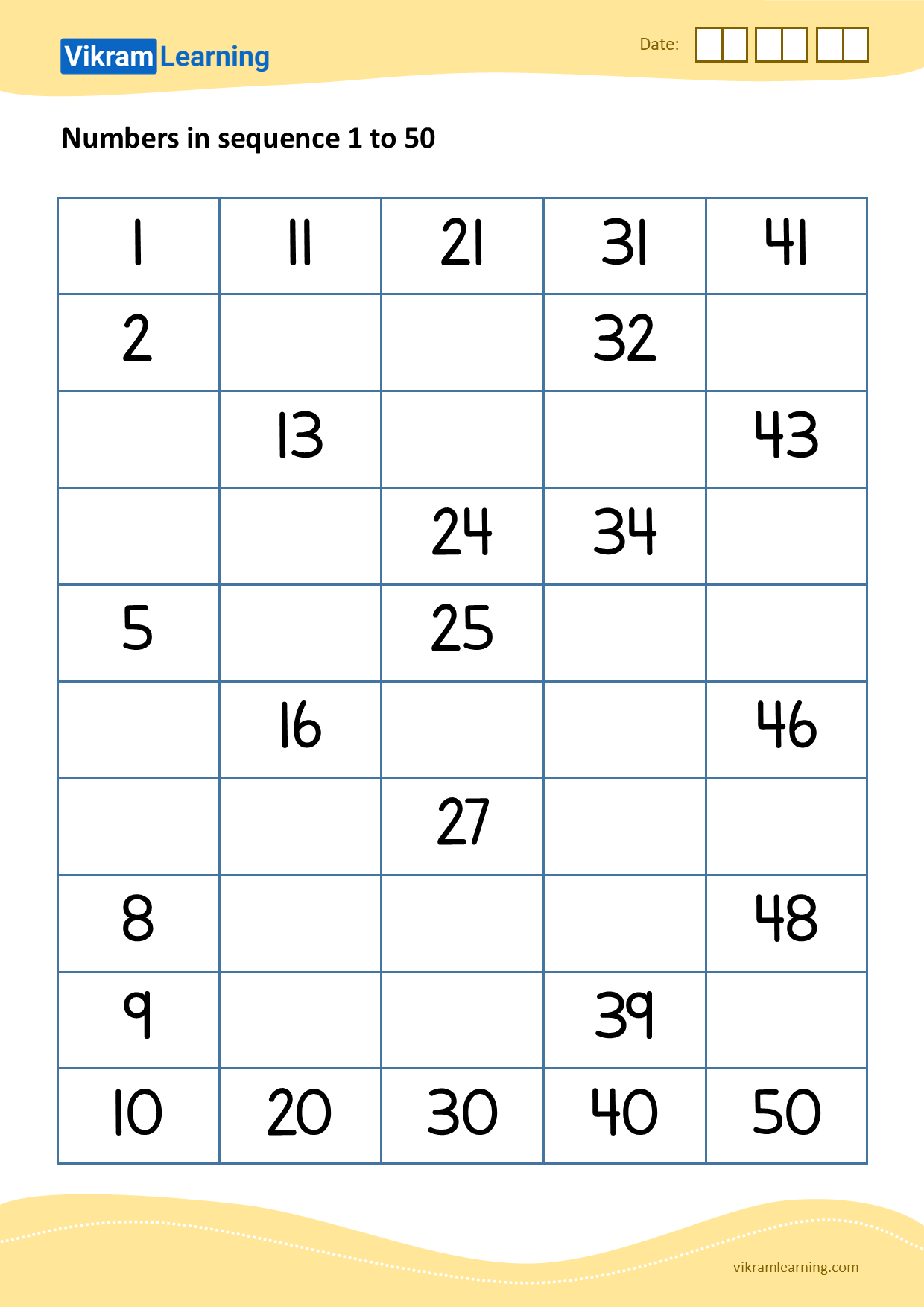 Download 01 - numbers in sequence 1 to 50 worksheets