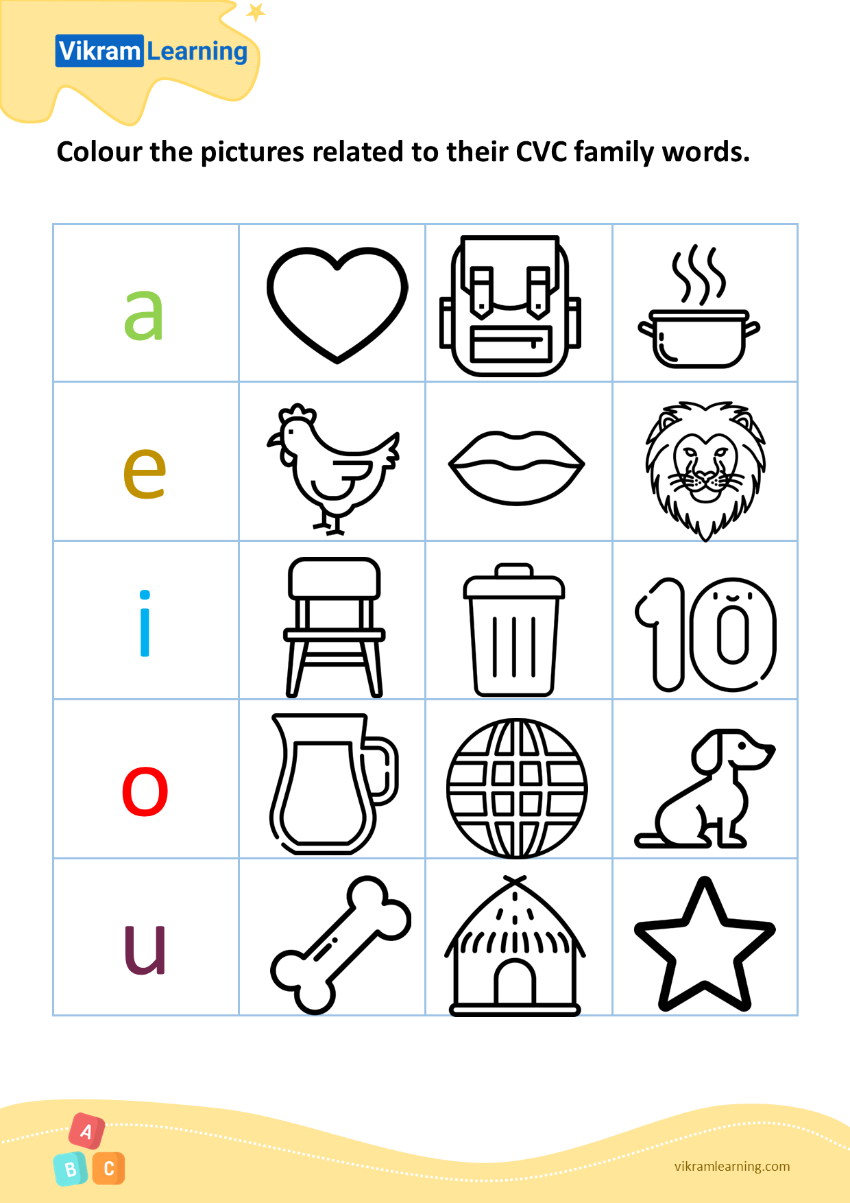 Download colour the pictures related to their cvc family words - 1 worksheets