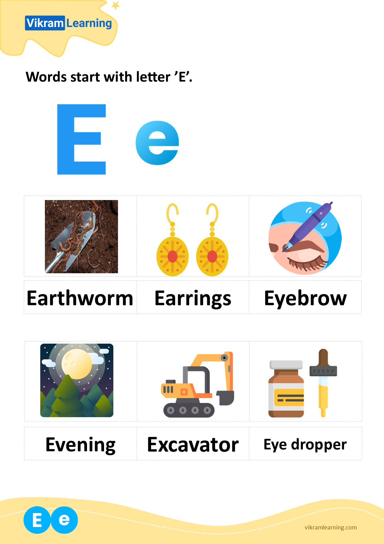 Download words start with letter 'e' worksheets