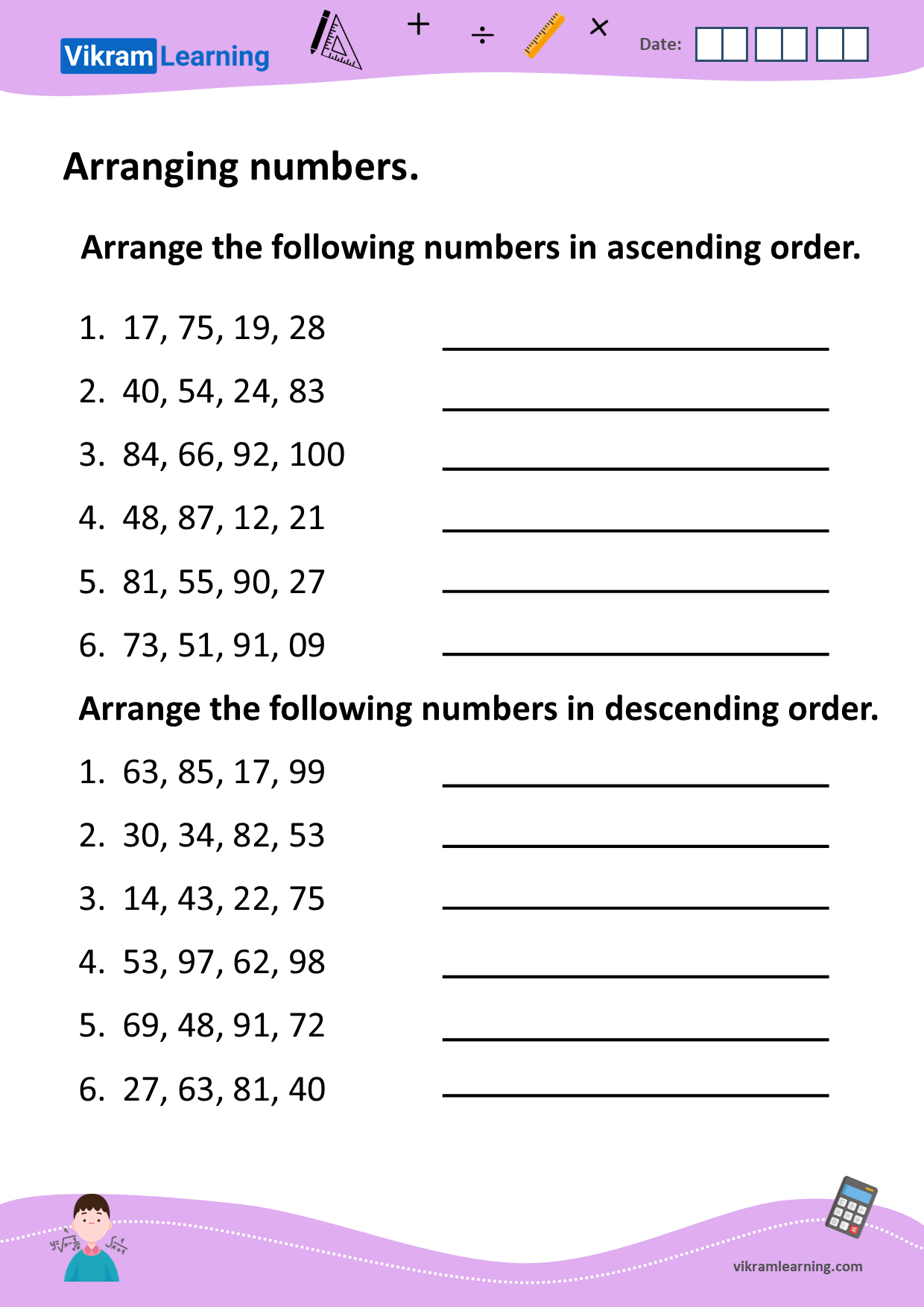 Download arranging numbers in ascending order, and descending order worksheets