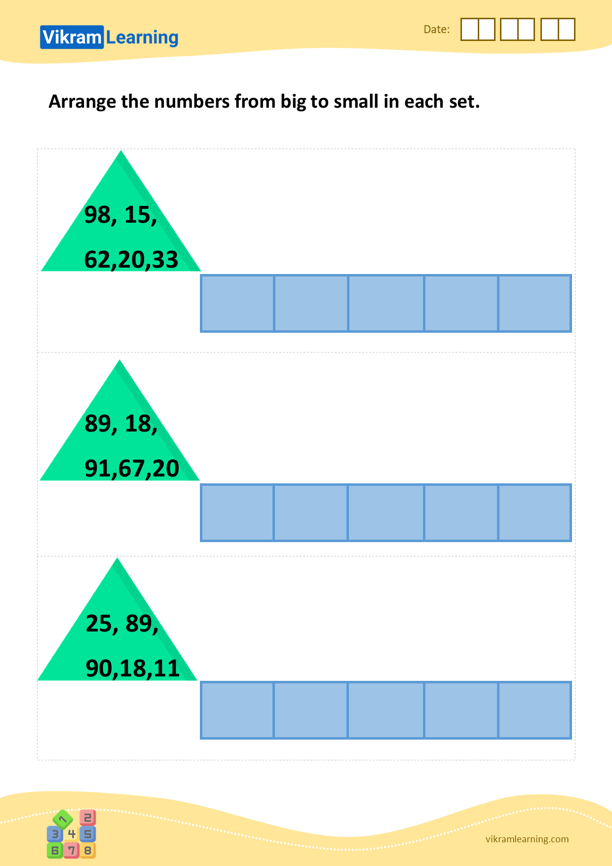 Download arrange the numbers from big to small in each set worksheets