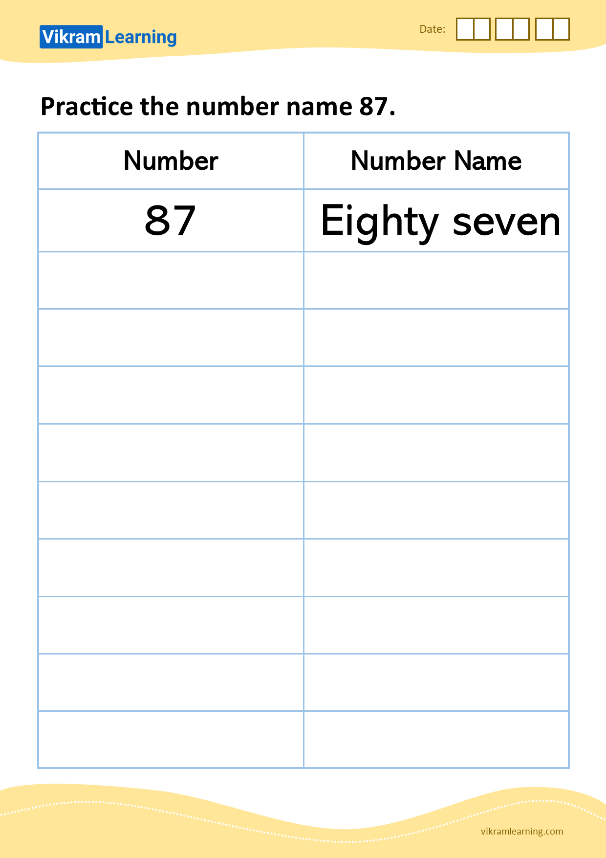 Download practice the number name 87 worksheets