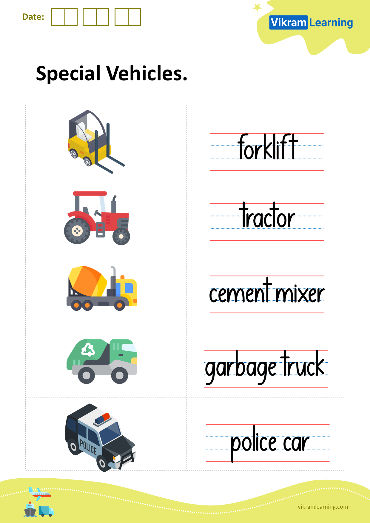 Download special vehicles worksheets