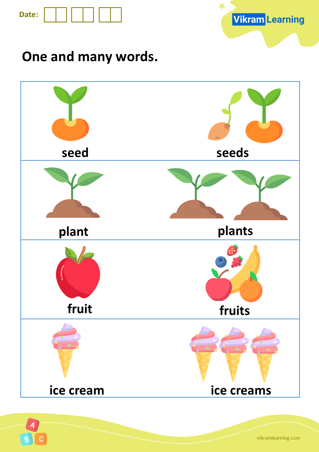 Download one and many words worksheets | vikramlearning.com