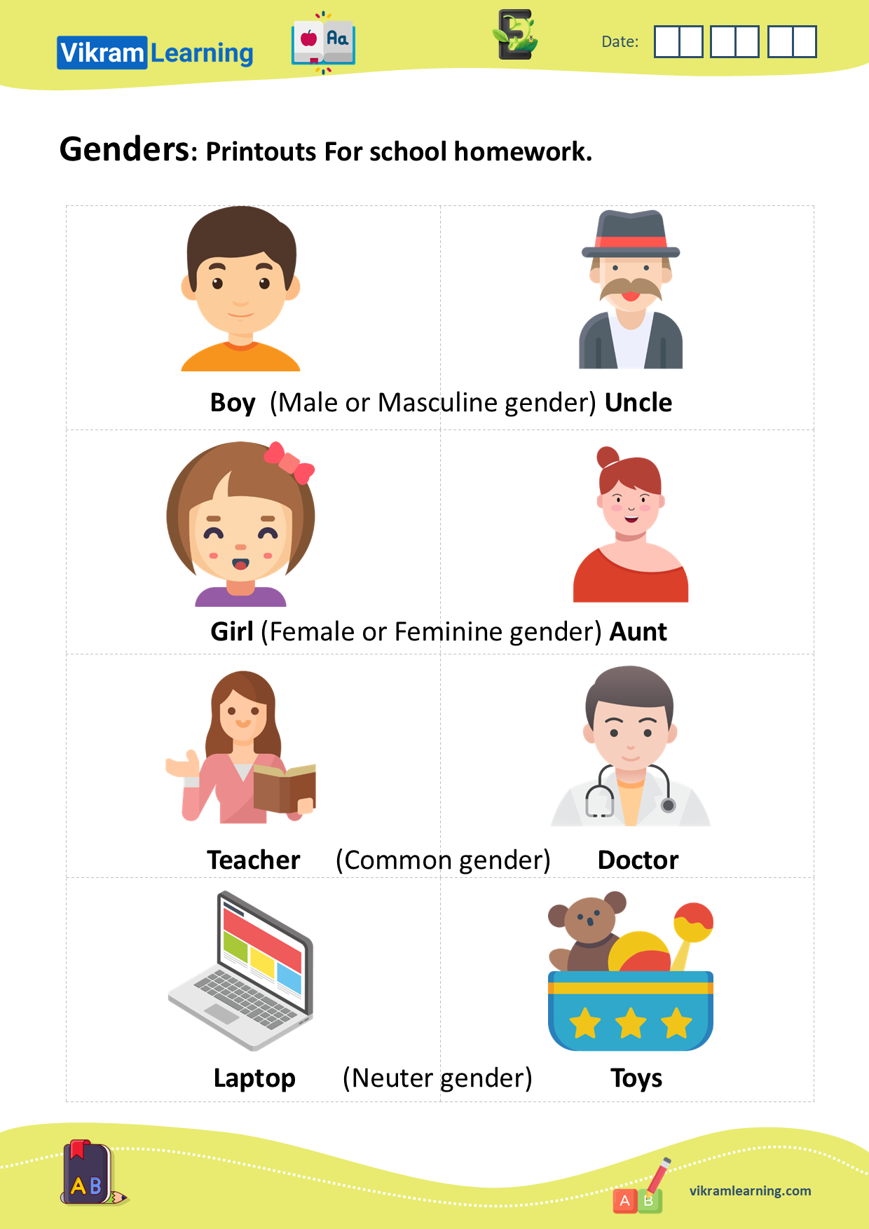 Download genders- male, female, common, neuter worksheets