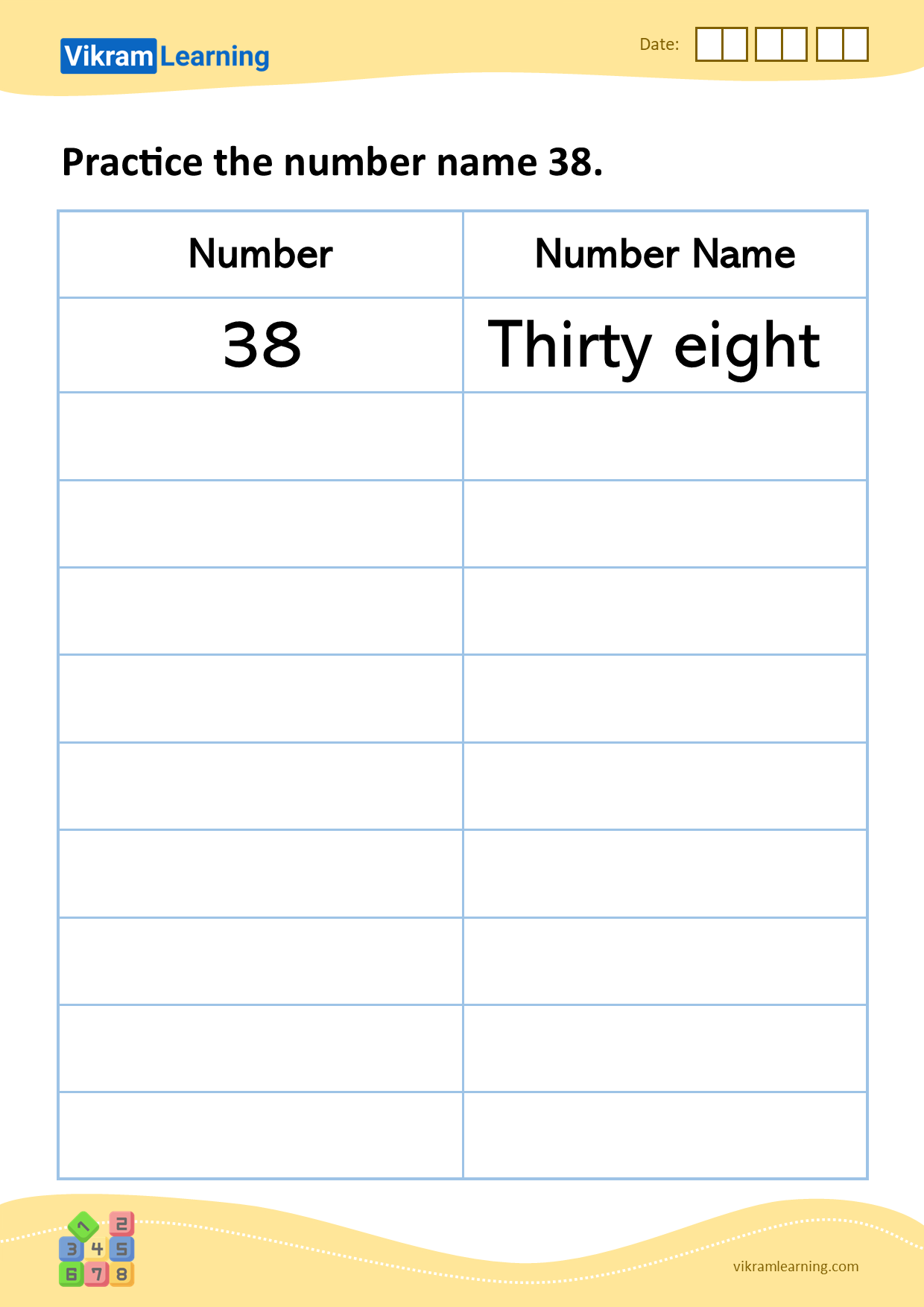 Download practice the number name 38 worksheets