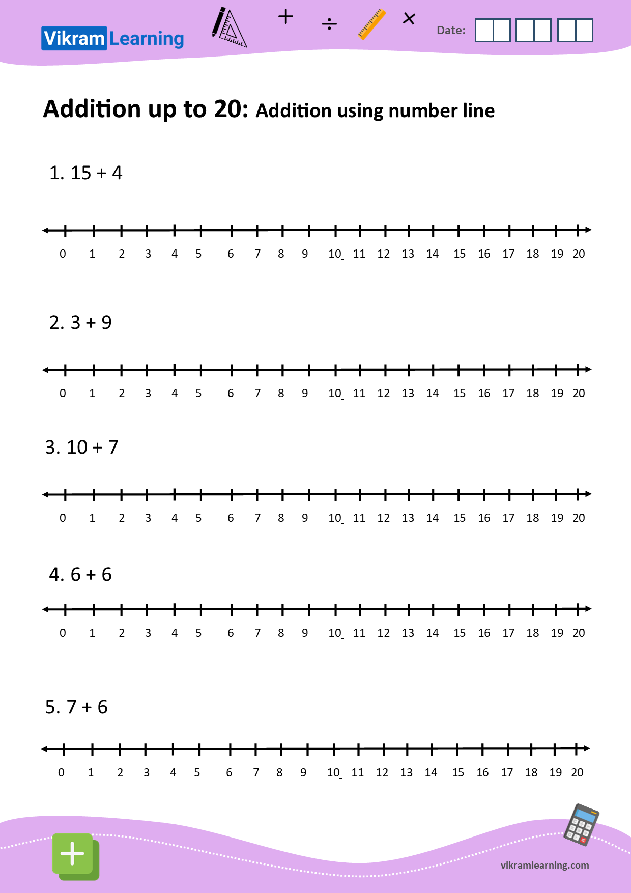 Download addition up to 20 using number line worksheets