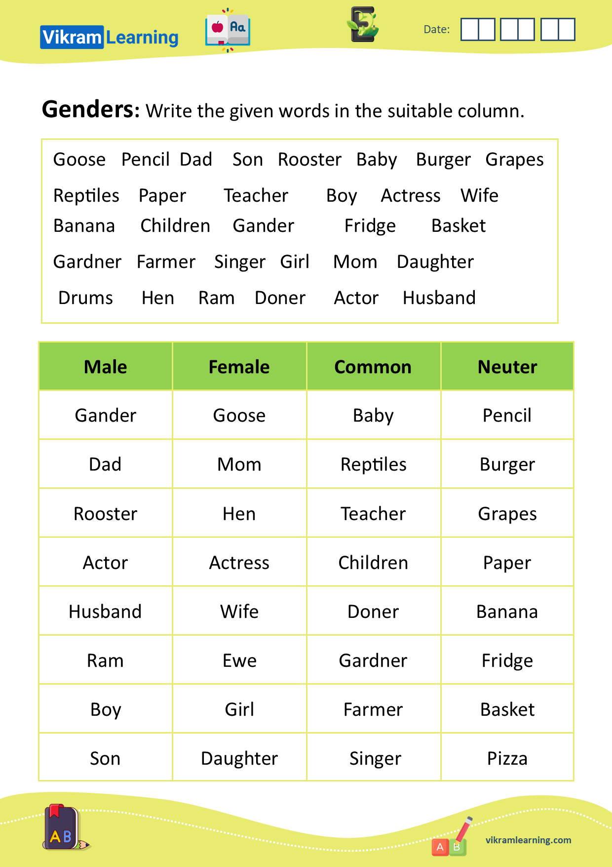 Download Genders Male Female Common Neuter Worksheets