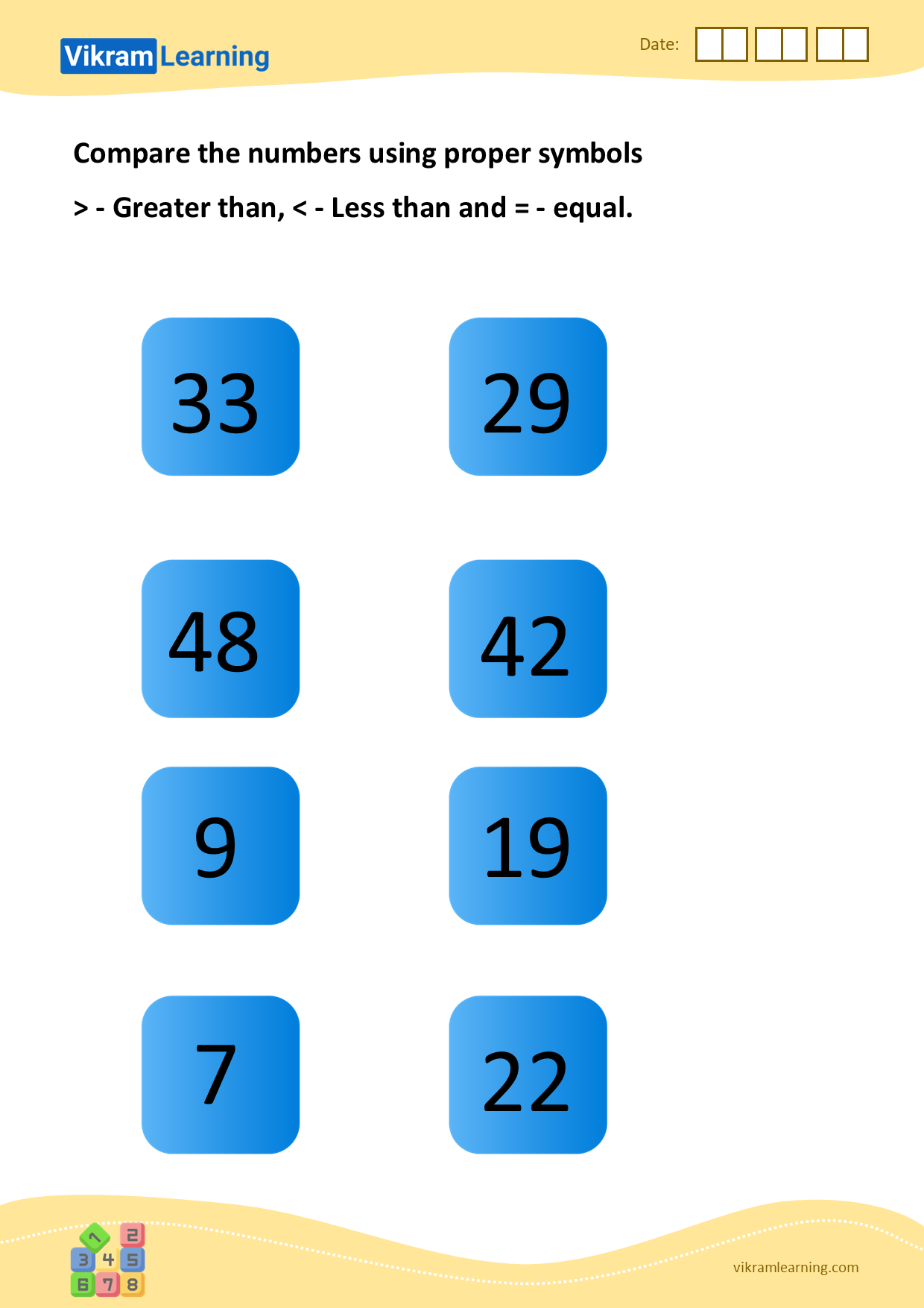 Download compare the numbers using proper symbols
> - greater than, < - less than and = - equal worksheets